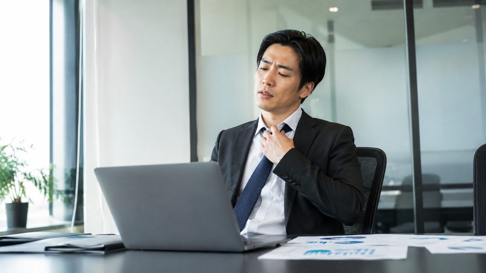 ストレス臭・疲労臭のセルフチェック｜緊張で襟元を緩め体臭が気になるビジネスマン