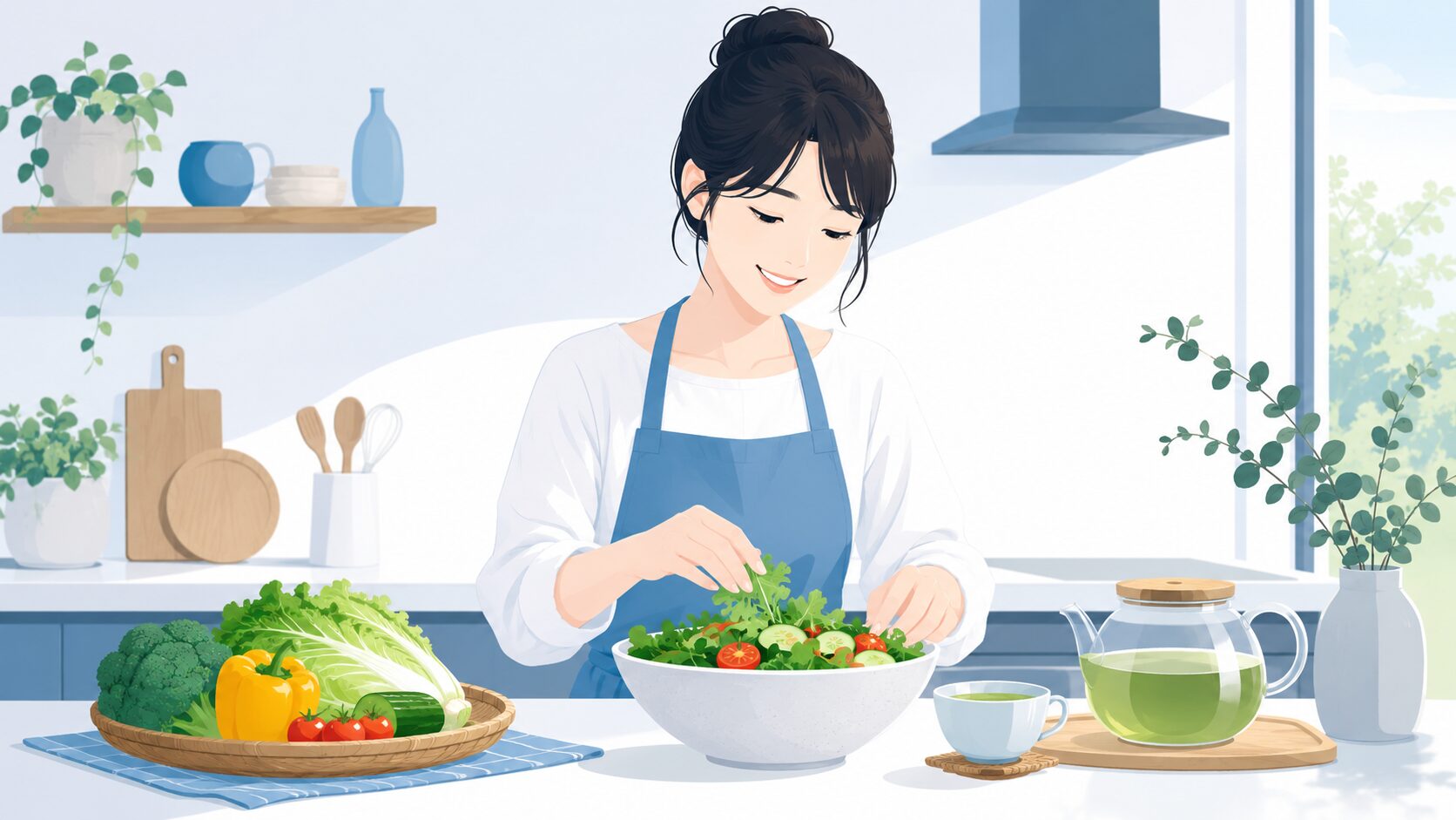 女性の体臭の食事ケア｜野菜と緑茶で内側から整える女性のイラスト