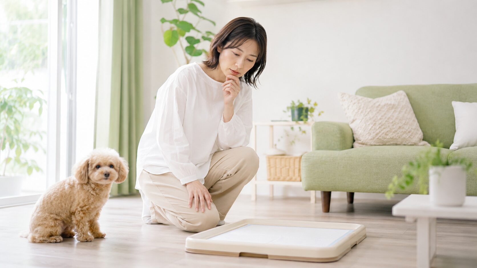 犬のトイレ臭を気にする飼い主｜ペットトイレの前でニオイを確認する女性と小型犬