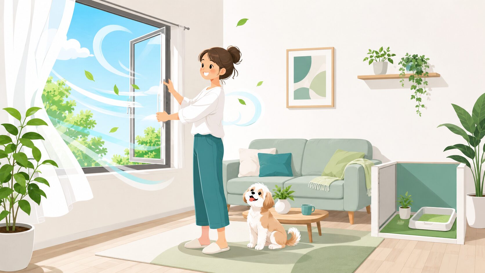 犬のいる部屋の換気イメージ｜窓を開けて空気を入れ替える女性と犬のイラスト