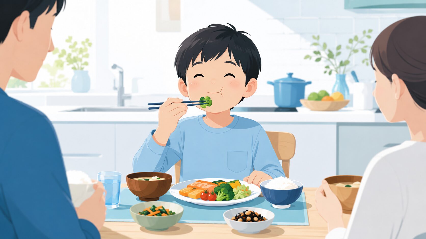 よく噛んで食べる子供｜バランスのよい食事で唾液を増やす生活習慣のイラスト