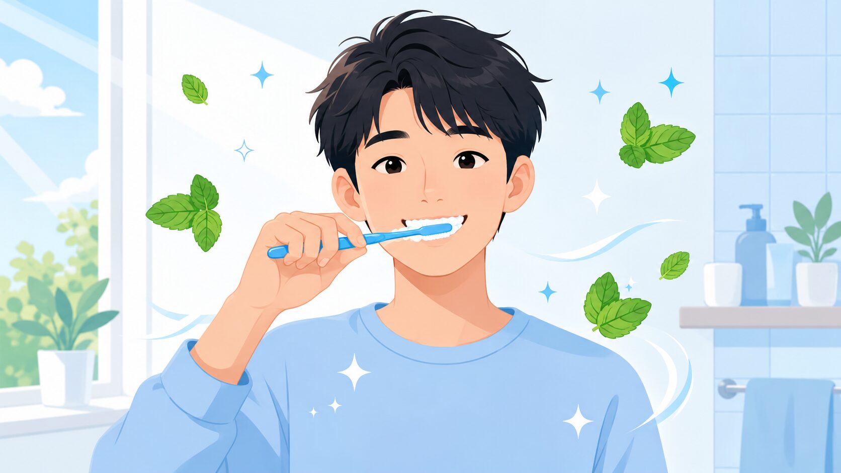 歯みがきで口臭ケアをする男性のイラスト｜正しい歯みがき習慣でさわやかな息を保つ