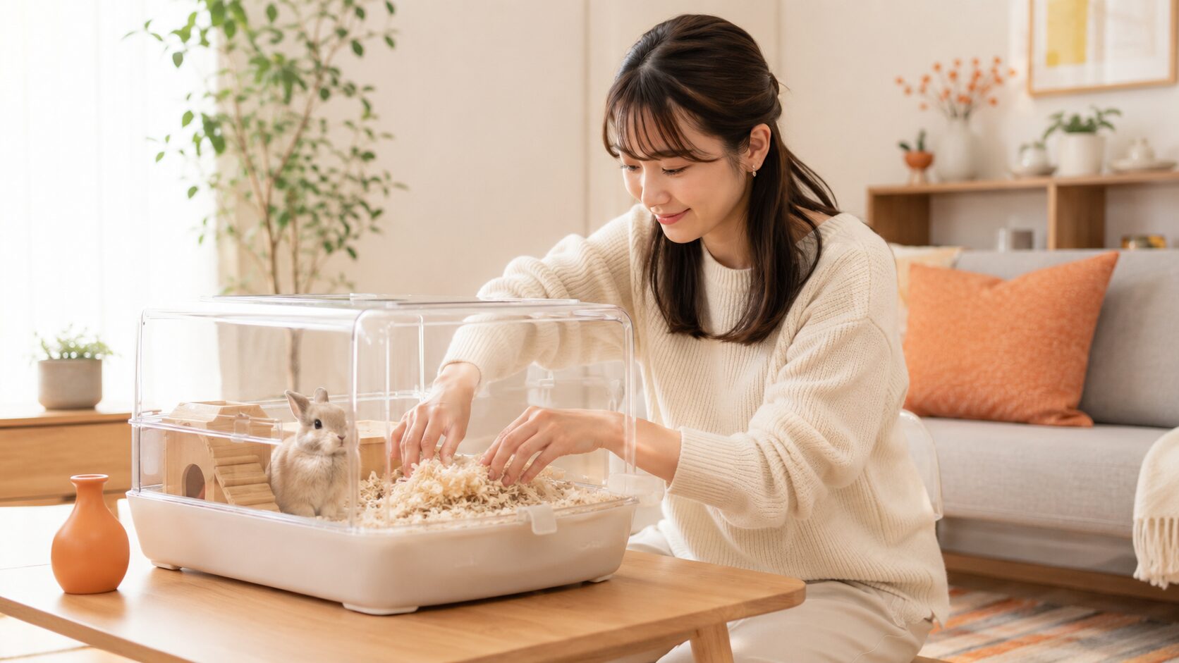 ハムスター・うさぎなど小動物のケージの床材を交換してケアする飼い主｜小動物の消臭ケア