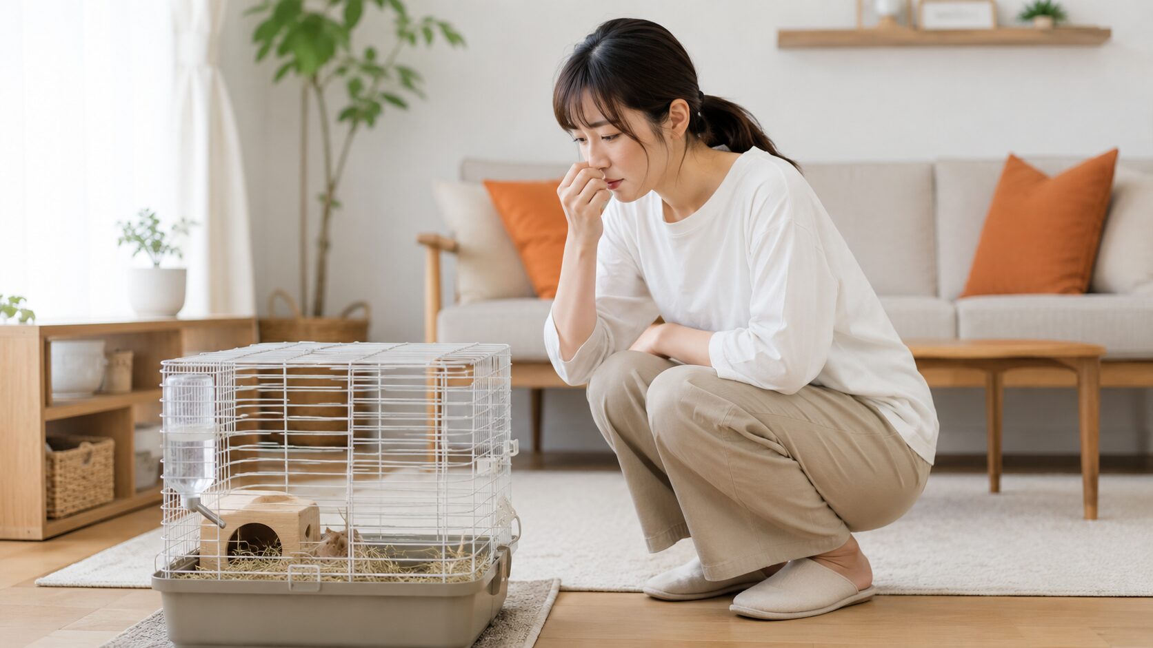 ペットのケージの臭いに気づいて鼻をおさえる女性｜小動物ケージのニオイのセルフチェック