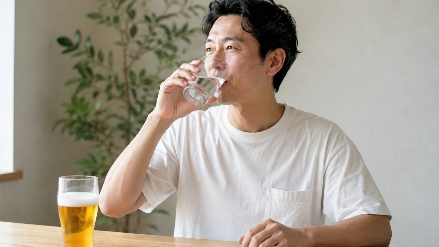 飲酒中に水（チェイサー）を飲む男性のイメージ｜お酒と一緒に水分補給