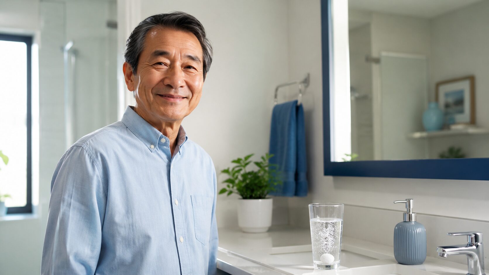 入れ歯の臭い対策｜清潔な洗面所で笑顔のシニア男性が毎日の義歯ケアを習慣にしている様子