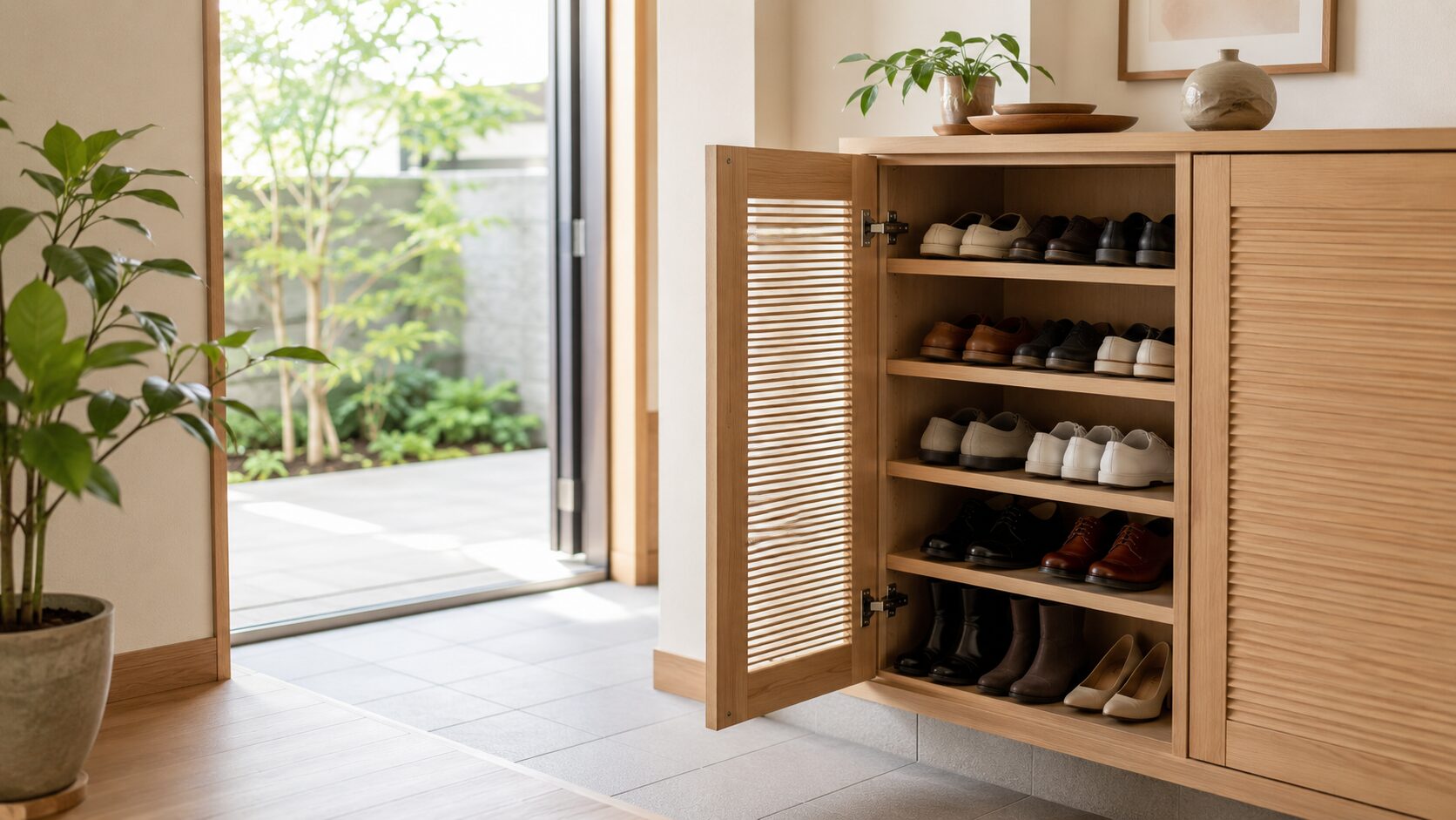 すっきり片付いた玄関の下駄箱イメージ｜扉を開けて換気し清潔に保つ