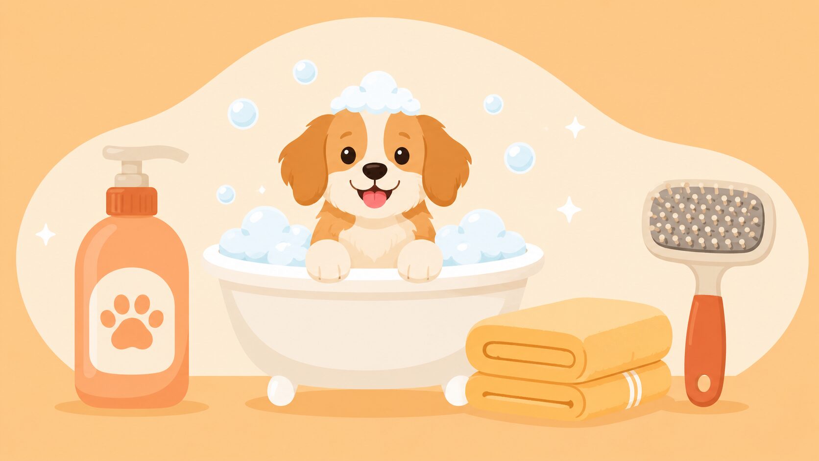 犬のシャンプー・グルーミング用品イメージ｜シャンプー・バスタブ・タオル・ブラシ