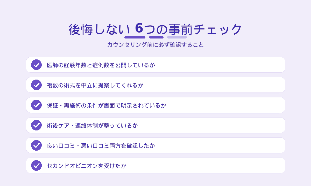 ワキガ手術で後悔しないための6つの事前チェックリスト｜医師経験・術式提案・保証・術後ケア・口コミ・セカンドオピニオン（2026年版）