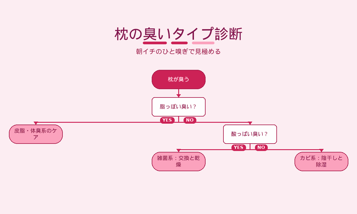 枕の臭いタイプ診断フローチャート｜脂っぽい皮脂系・酸っぱい雑菌系・カビ系の見極め