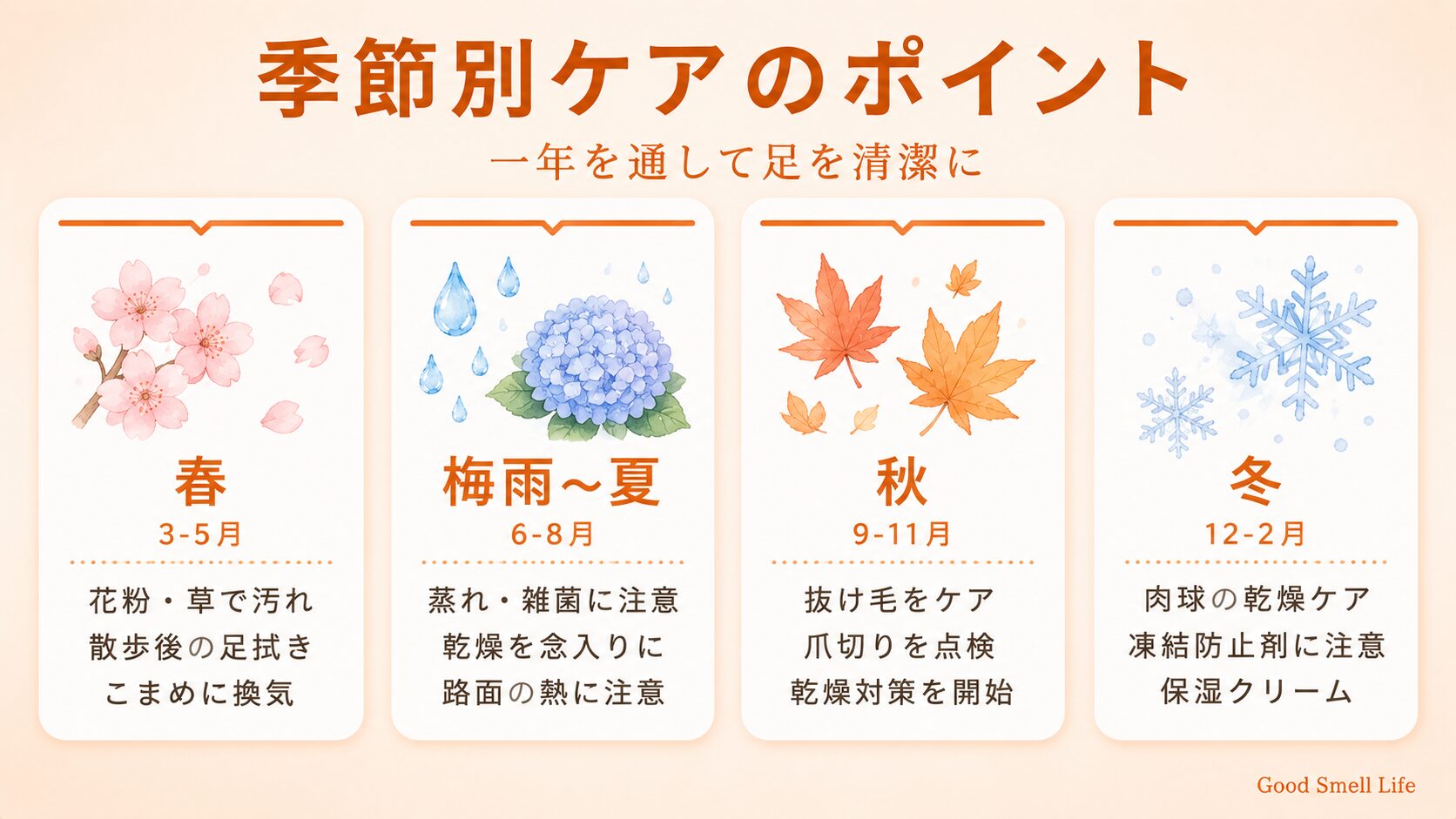 ペットの足ケア季節別ポイント｜春夏秋冬の足拭き・乾燥・肉球の保湿の目安