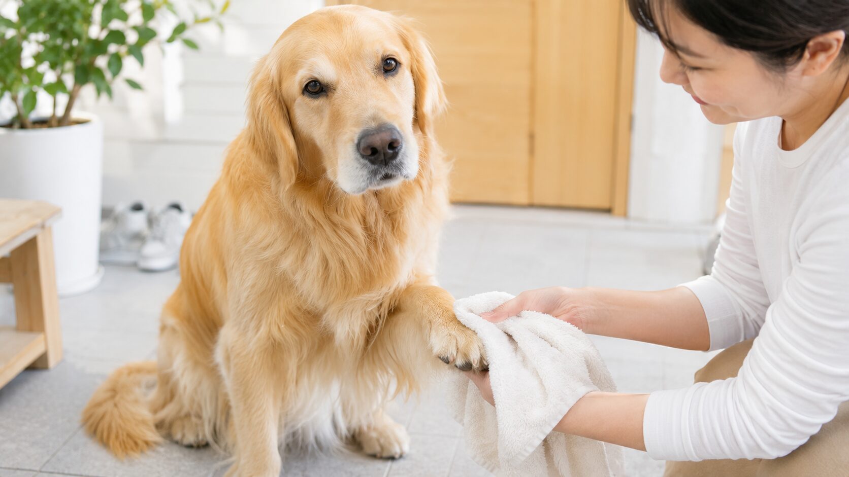 散歩から帰って犬の足を拭く飼い主｜足・肉球のニオイ予防のための足拭きケア