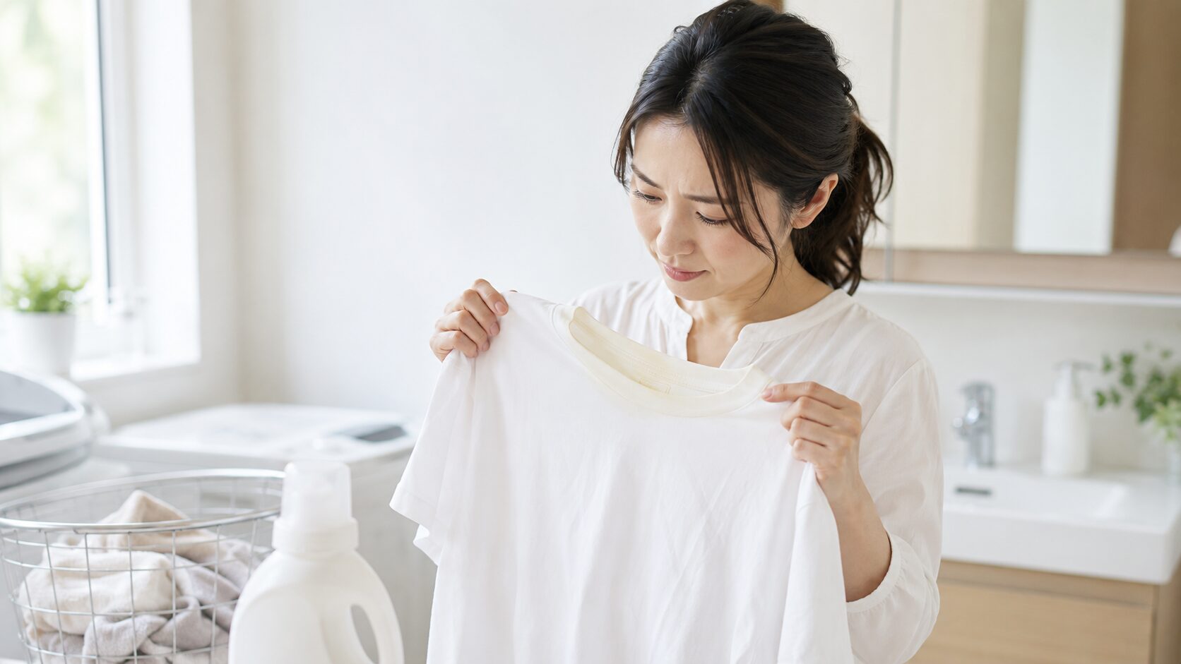 酸素系漂白剤で白T黄ばみを確認する女性｜衣類のシミ・染みに悩む生活シーン