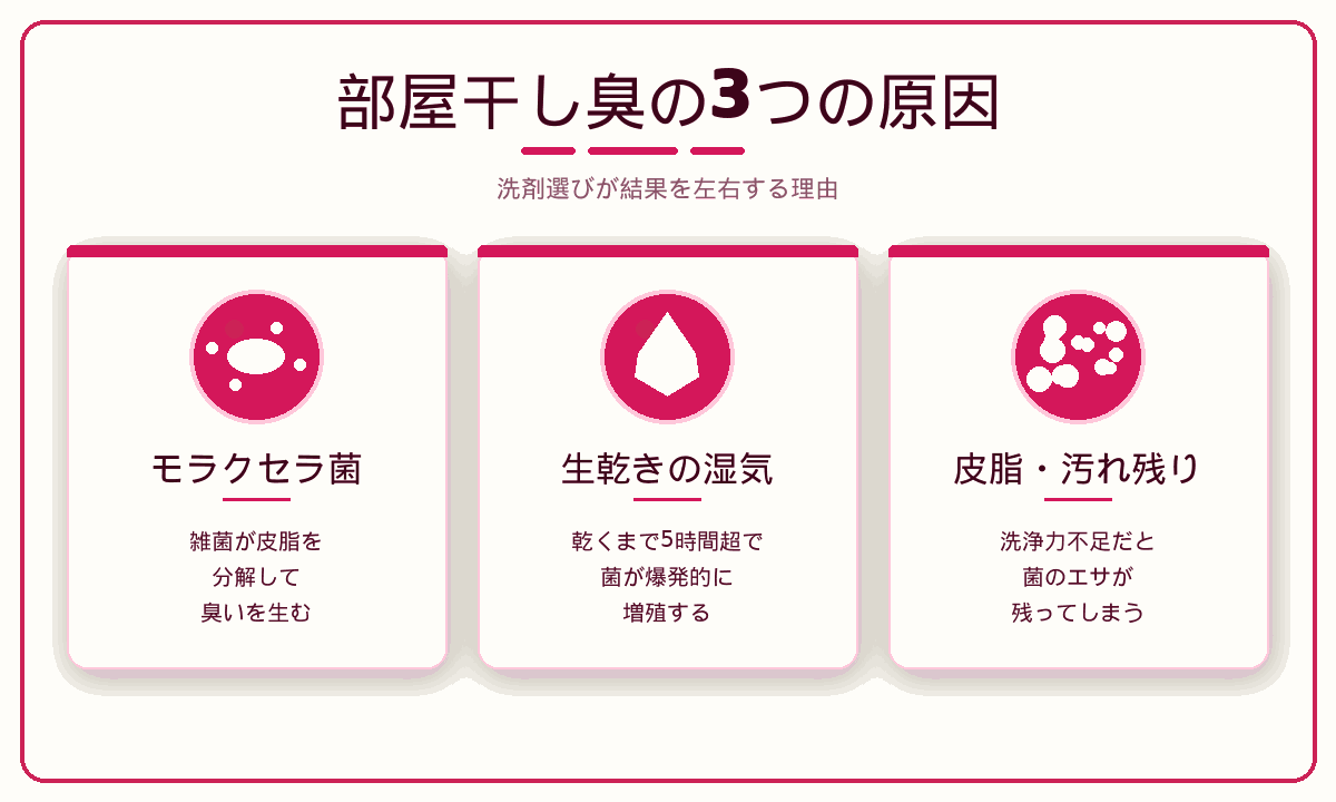 部屋干し臭の3つの原因｜モラクセラ菌・生乾きの湿気・皮脂残りが洗剤選びを左右する理由