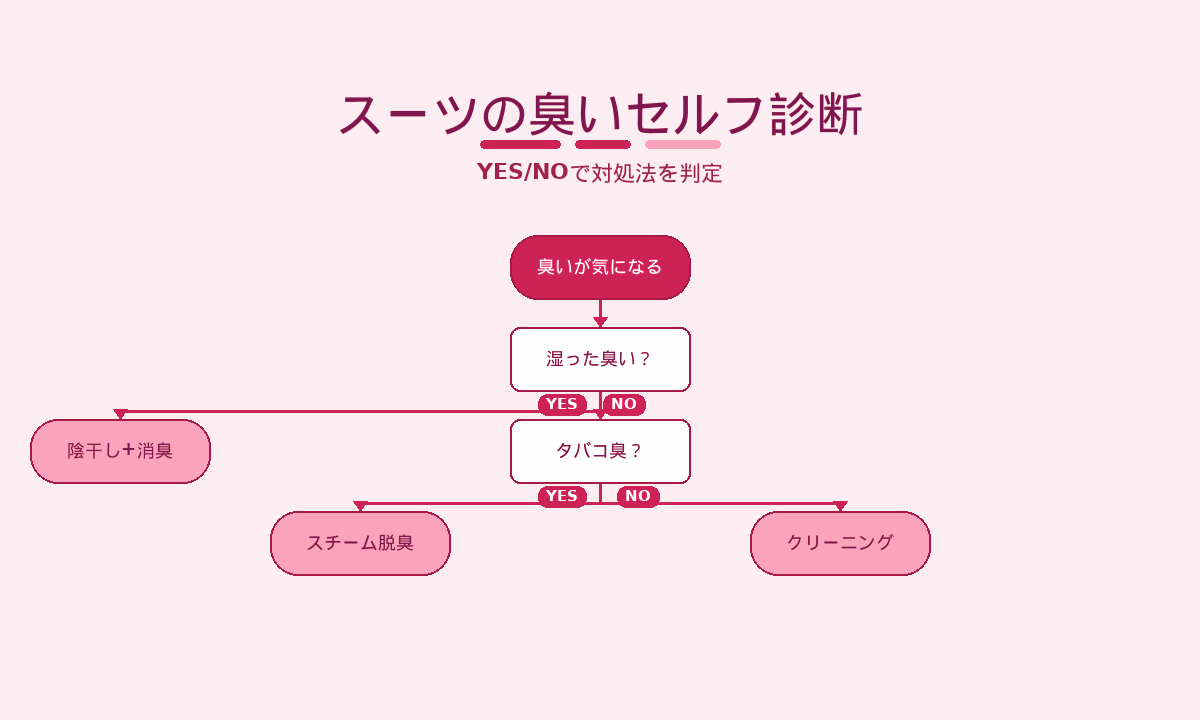 スーツの臭いセルフ診断フローチャート｜湿った臭い・タバコ臭で対処法を判定