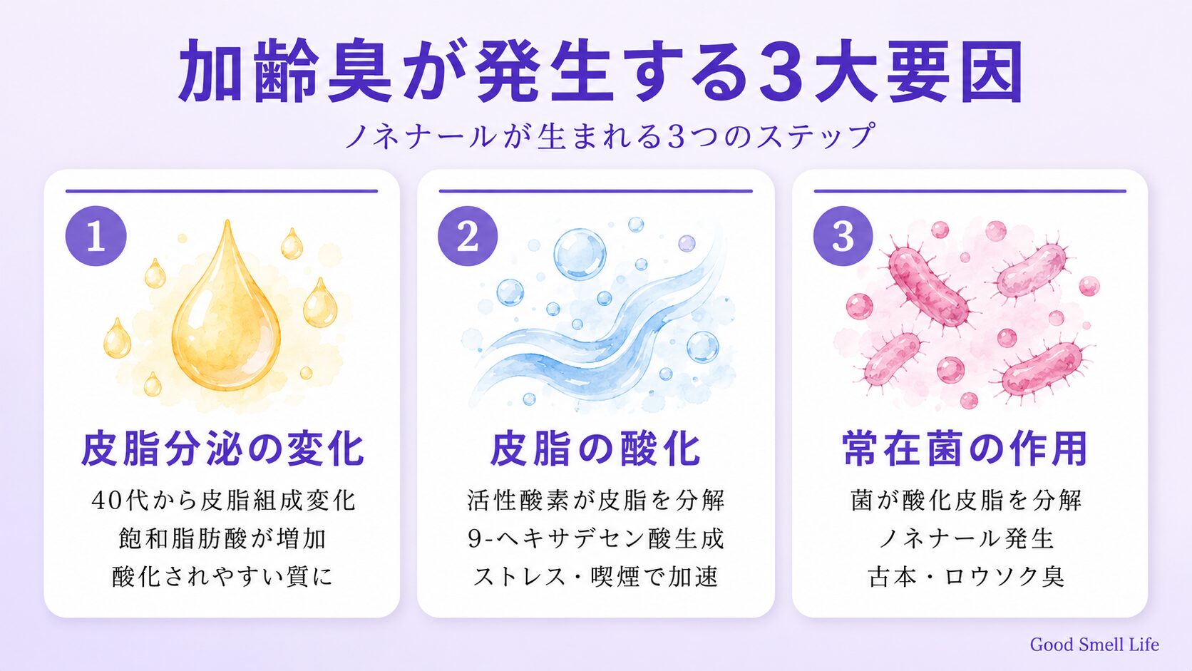 加齢臭が発生する3大要因｜皮脂分泌の変化・皮脂の酸化・常在菌の作用でノネナールが生まれる仕組み
