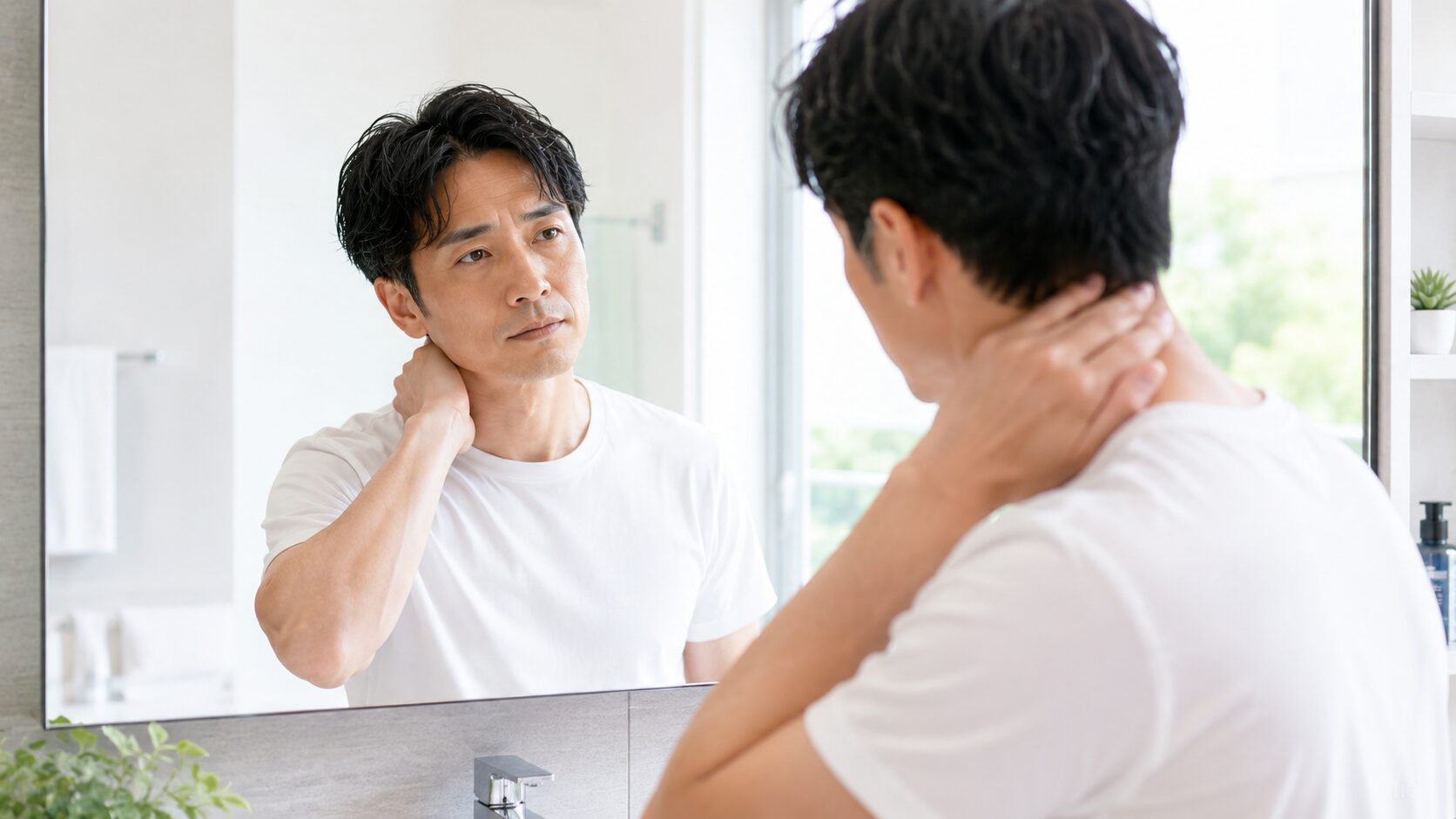 加齢臭セルフチェック｜洗面所の鏡前で首後ろを気にする40代男性