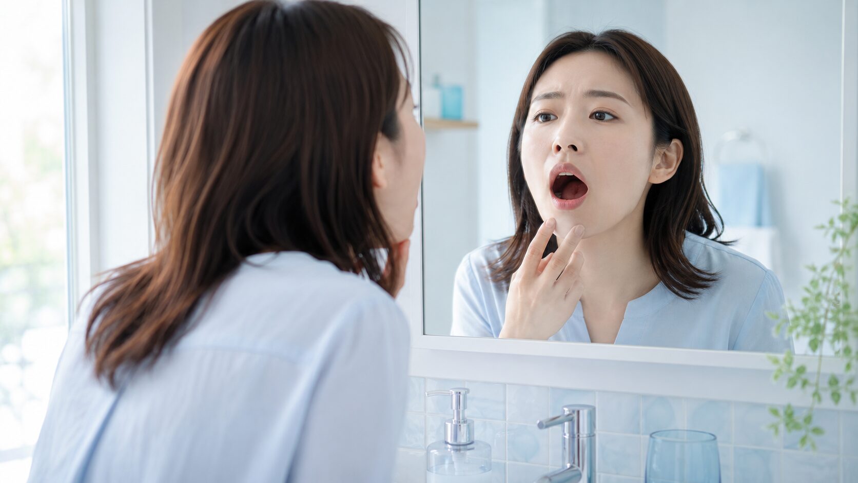 鏡の前で喉のセルフチェックをする女性｜臭い玉の違和感に早めに気づく