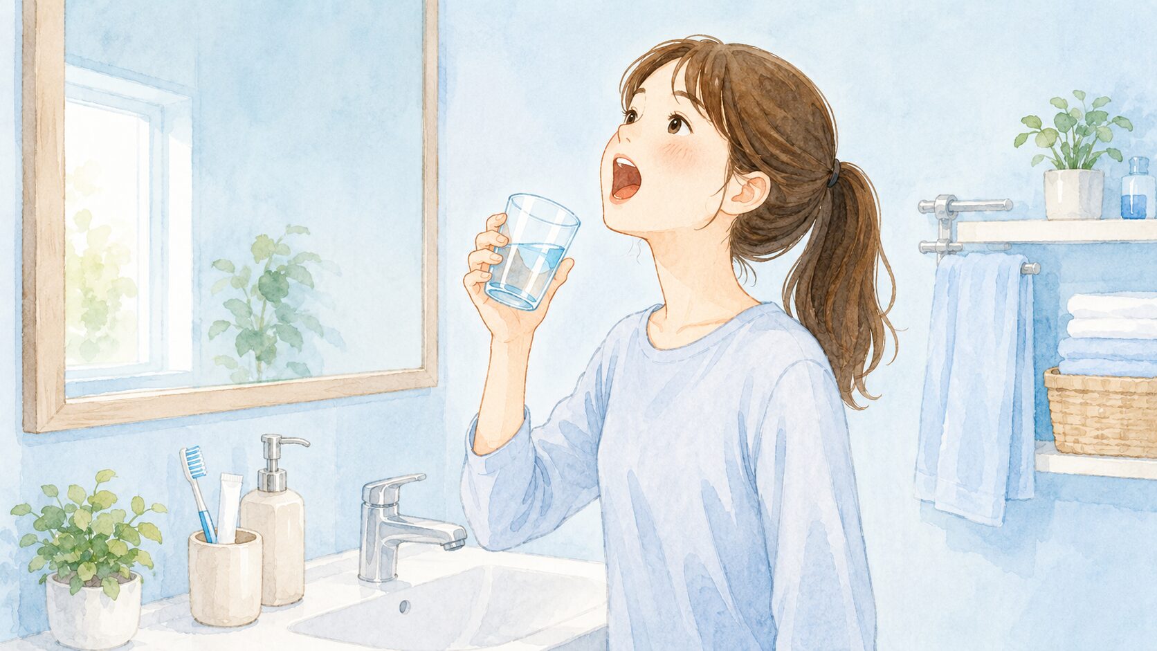 毎日のうがい習慣で臭い玉を予防する女性｜洗面所での予防ケアシーン