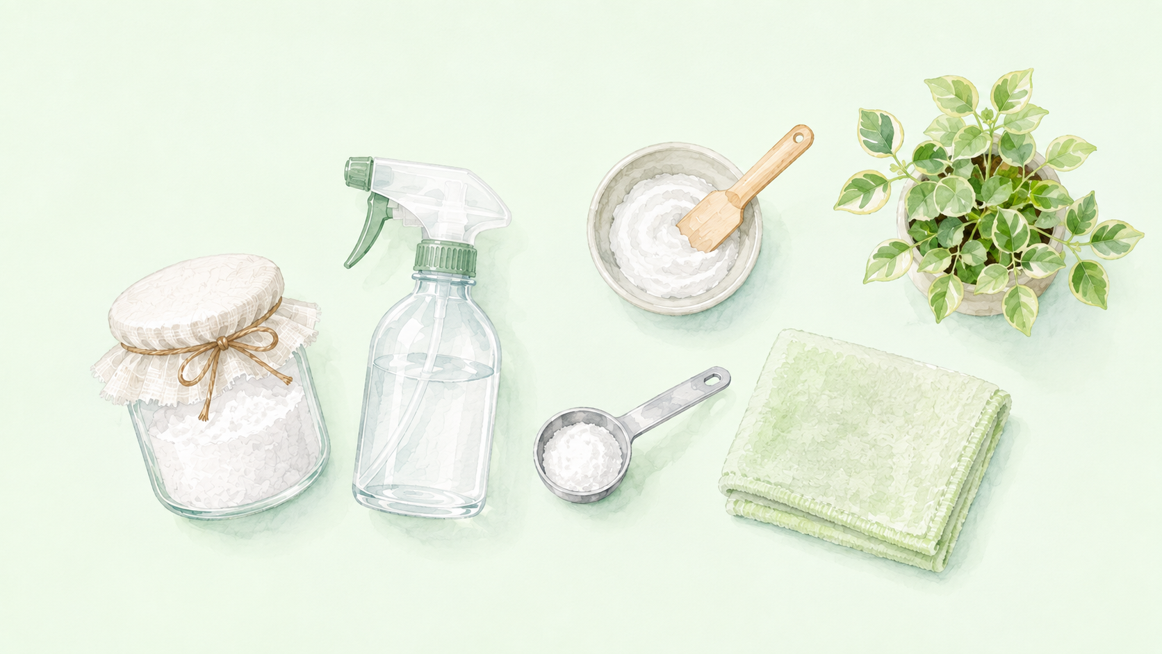 重曹の瓶・スプレーボトル・ペーストなど消臭に使う道具のイラスト