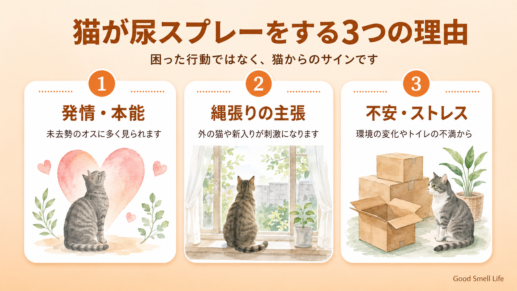 猫が尿スプレーをする3つの理由(発情・本能/縄張りの主張/不安・ストレス)
