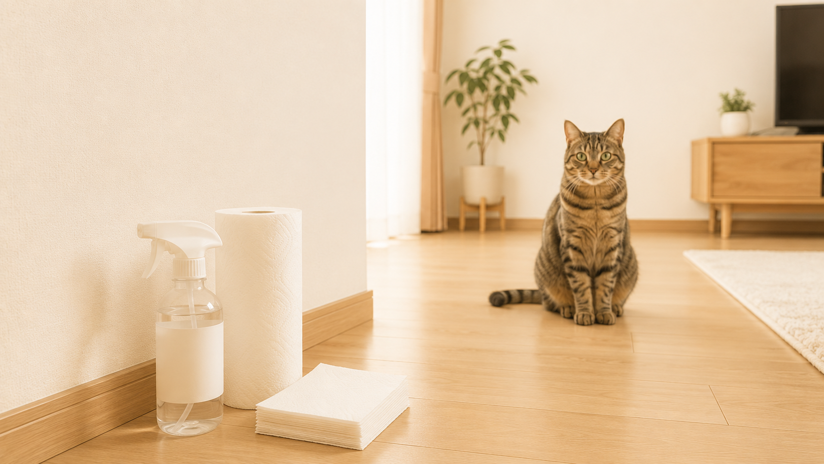 リビングの壁ぎわに置いた消臭スプレーとペーパー、そばに座る猫