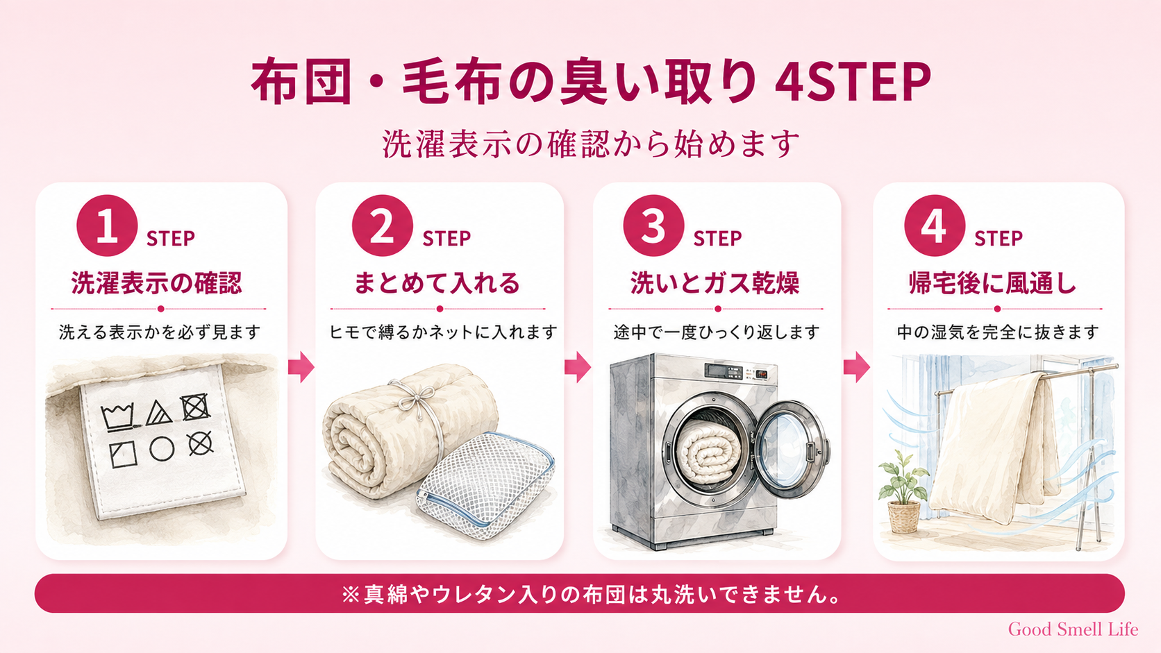 布団・毛布の臭い取り4STEP(洗濯表示の確認からガス乾燥まで)