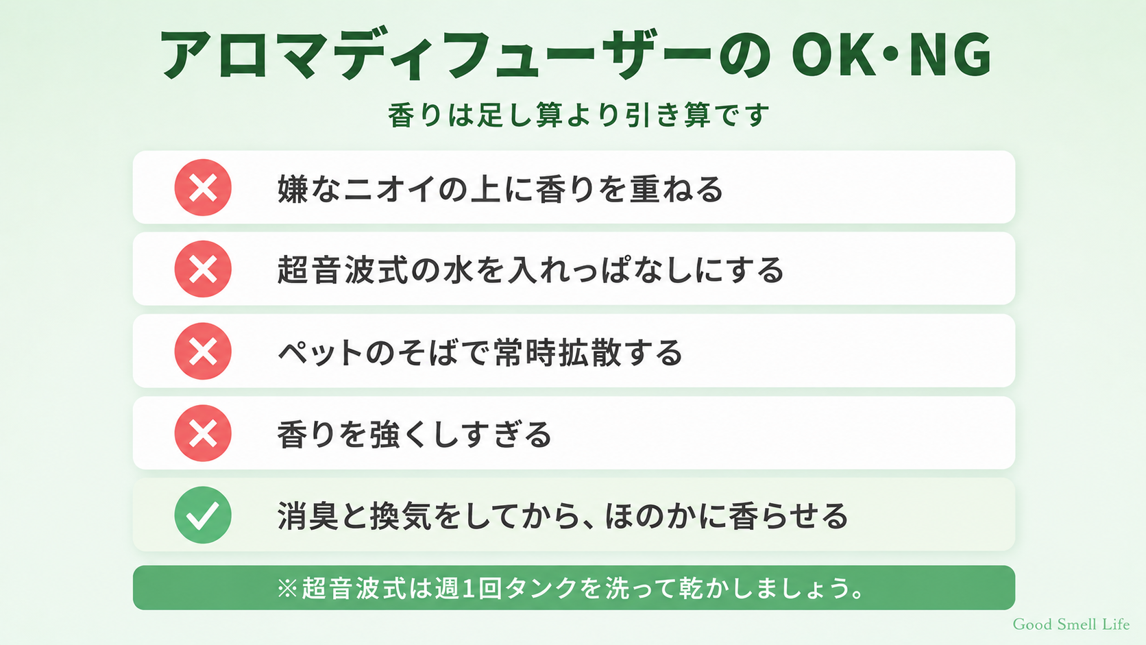 アロマディフューザーのOK・NG（嫌なニオイの上に香りを重ねない）