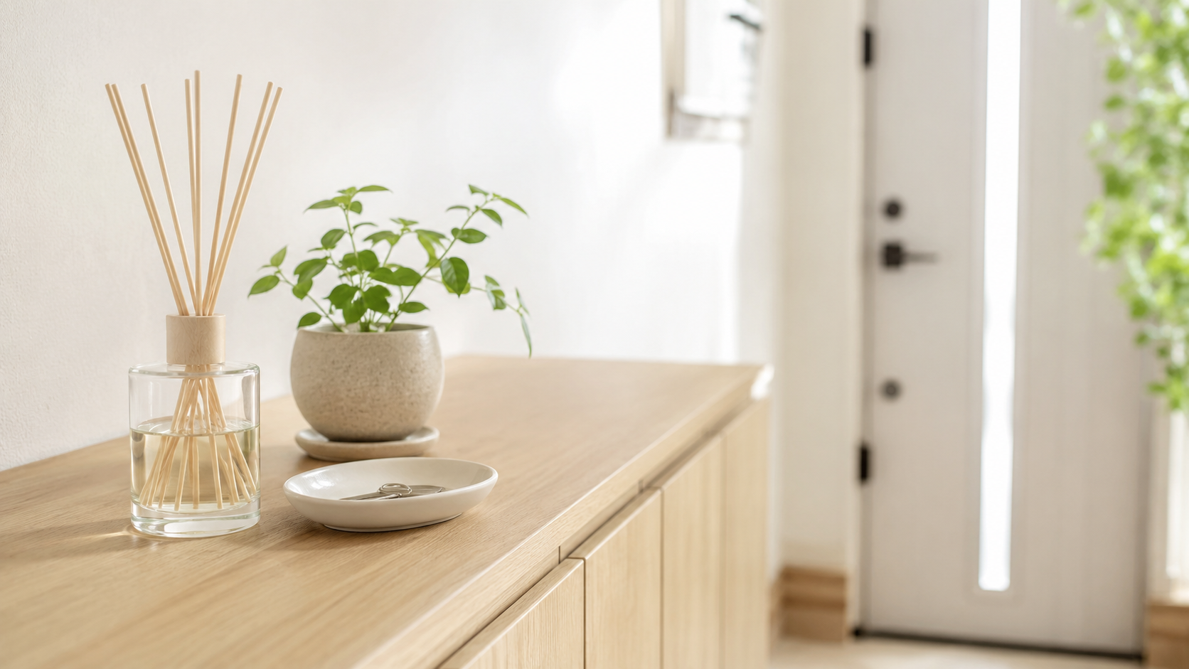 玄関の靴箱に置いたリードディフューザーと観葉植物