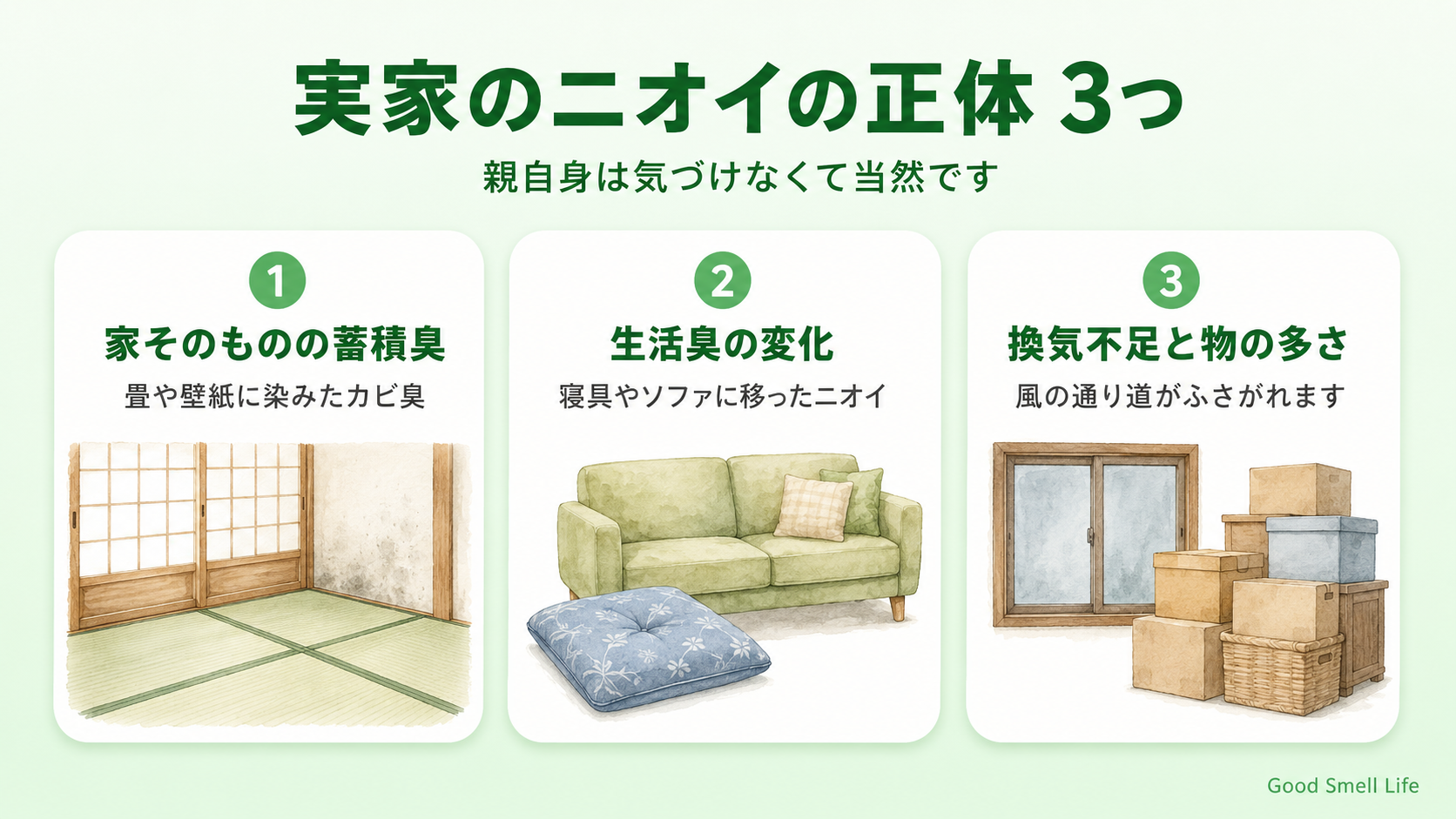 実家のニオイの正体3つ(家の蓄積臭・生活臭の変化・換気不足と物の多さ)