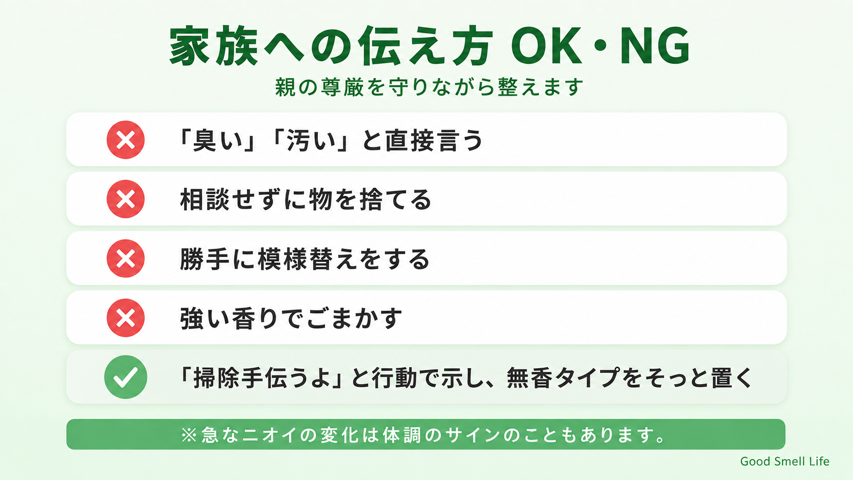 家族への伝え方のOK・NG(「臭い」と直接言わない)