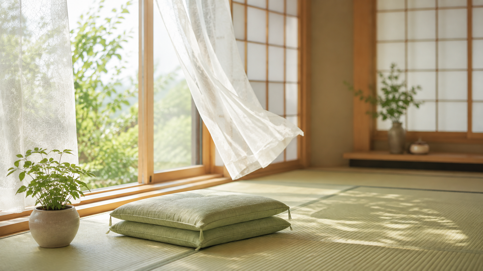窓を開けて風を通した和室(実家の帰省中にできる換気)