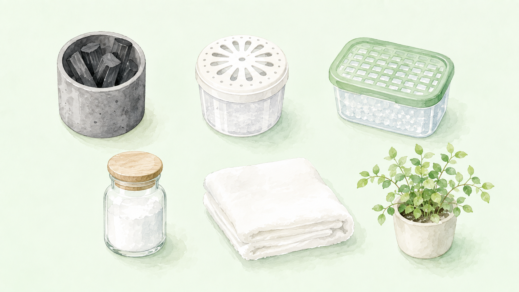 脱臭炭や置き型消臭剤・除湿剤など実家のニオイケア用品のイラスト