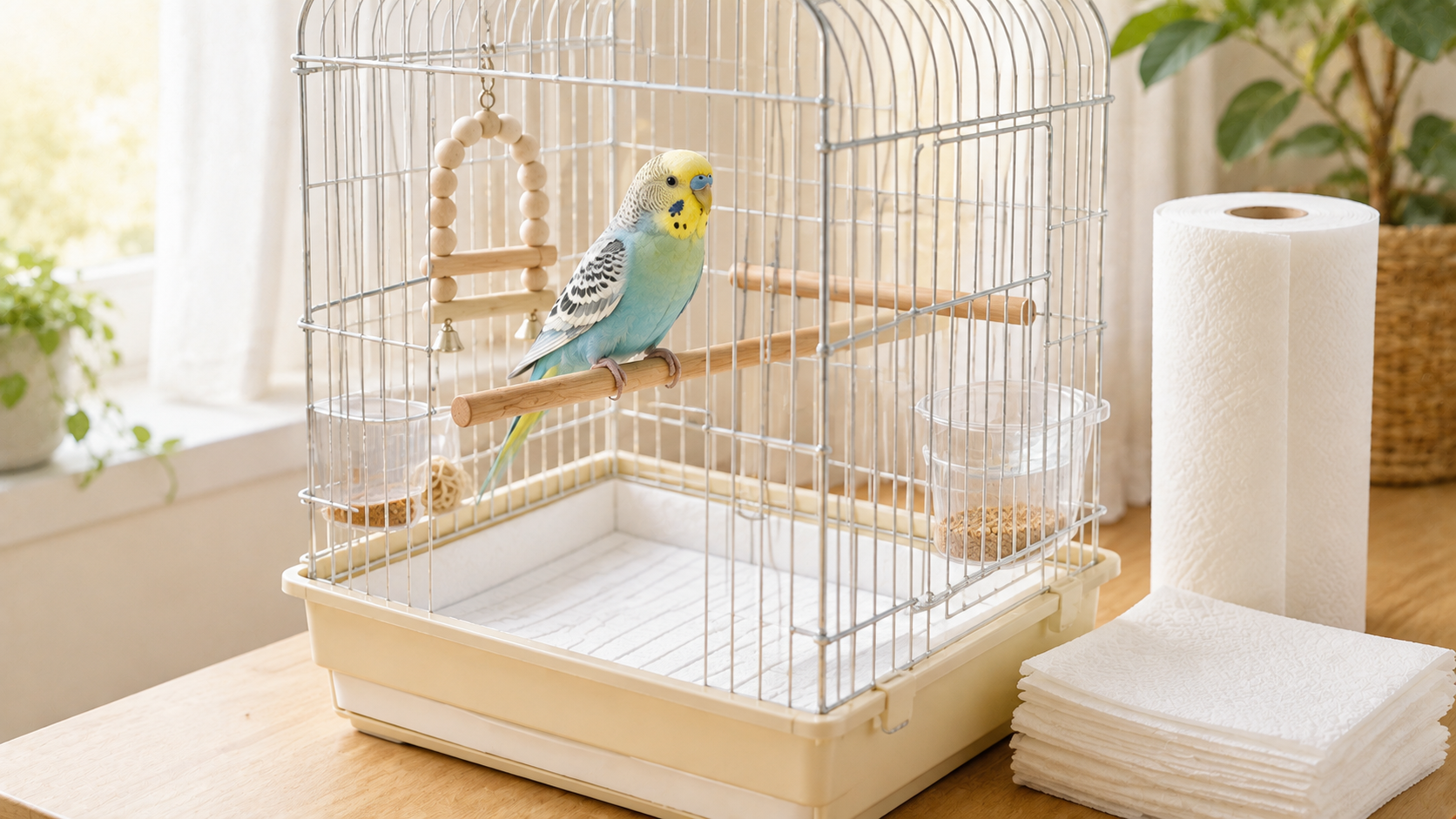 窓辺の清潔な鳥かごにとまるセキセイインコの写真