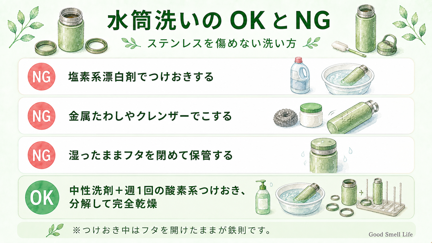 水筒洗いのNG例とOKの方法をまとめた図解