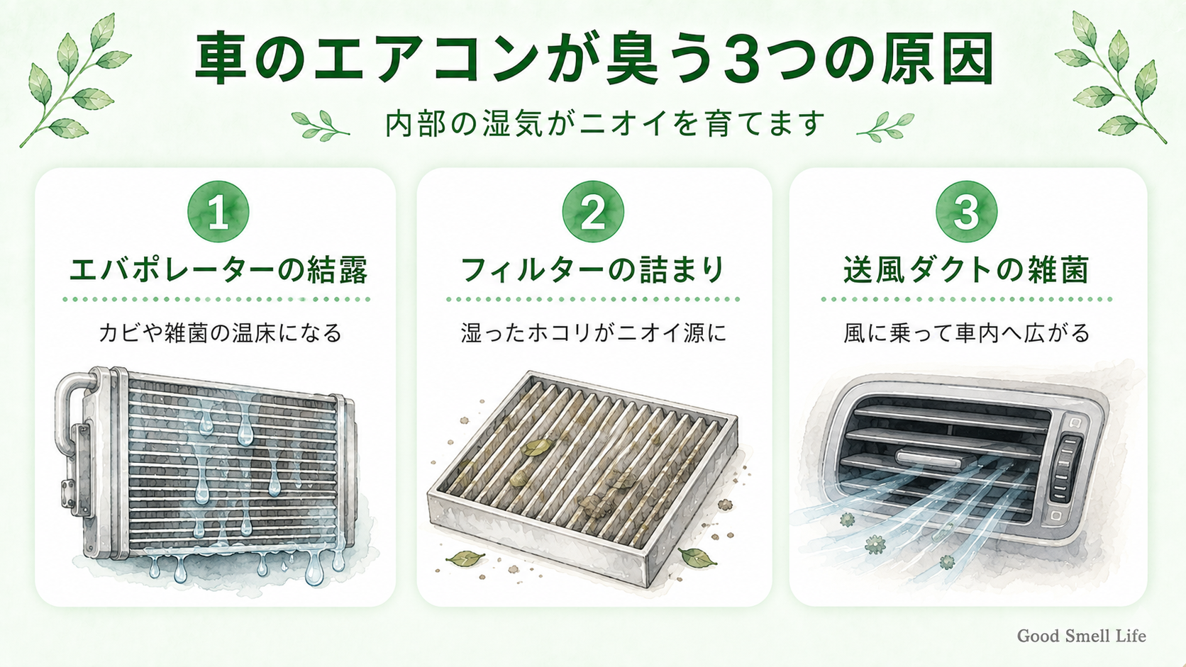 車のエアコンが臭う3つの原因(エバポレーターの結露・フィルターの詰まり・ダクトの雑菌)を示すインフォグラフィック