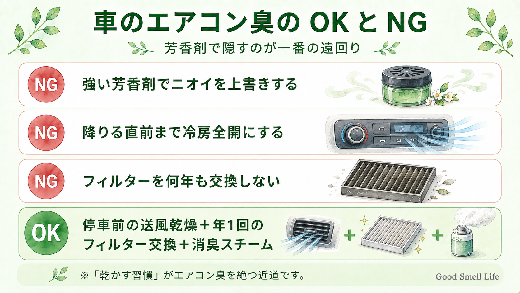 車のエアコン臭対策のNG例とOK習慣をまとめた図解