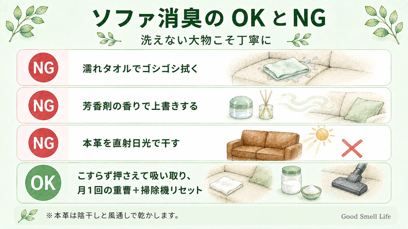ソファ消臭のNG例とOKの方法をまとめた図解