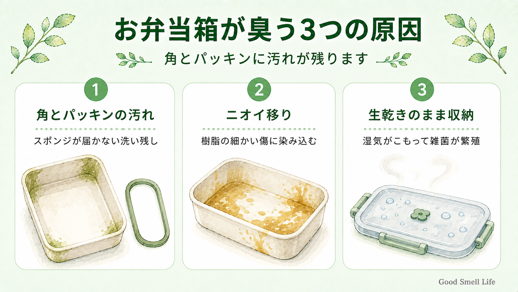 お弁当箱が臭う3つの原因(角とパッキンの汚れ・ニオイ移り・生乾き)を示すインフォグラフィック