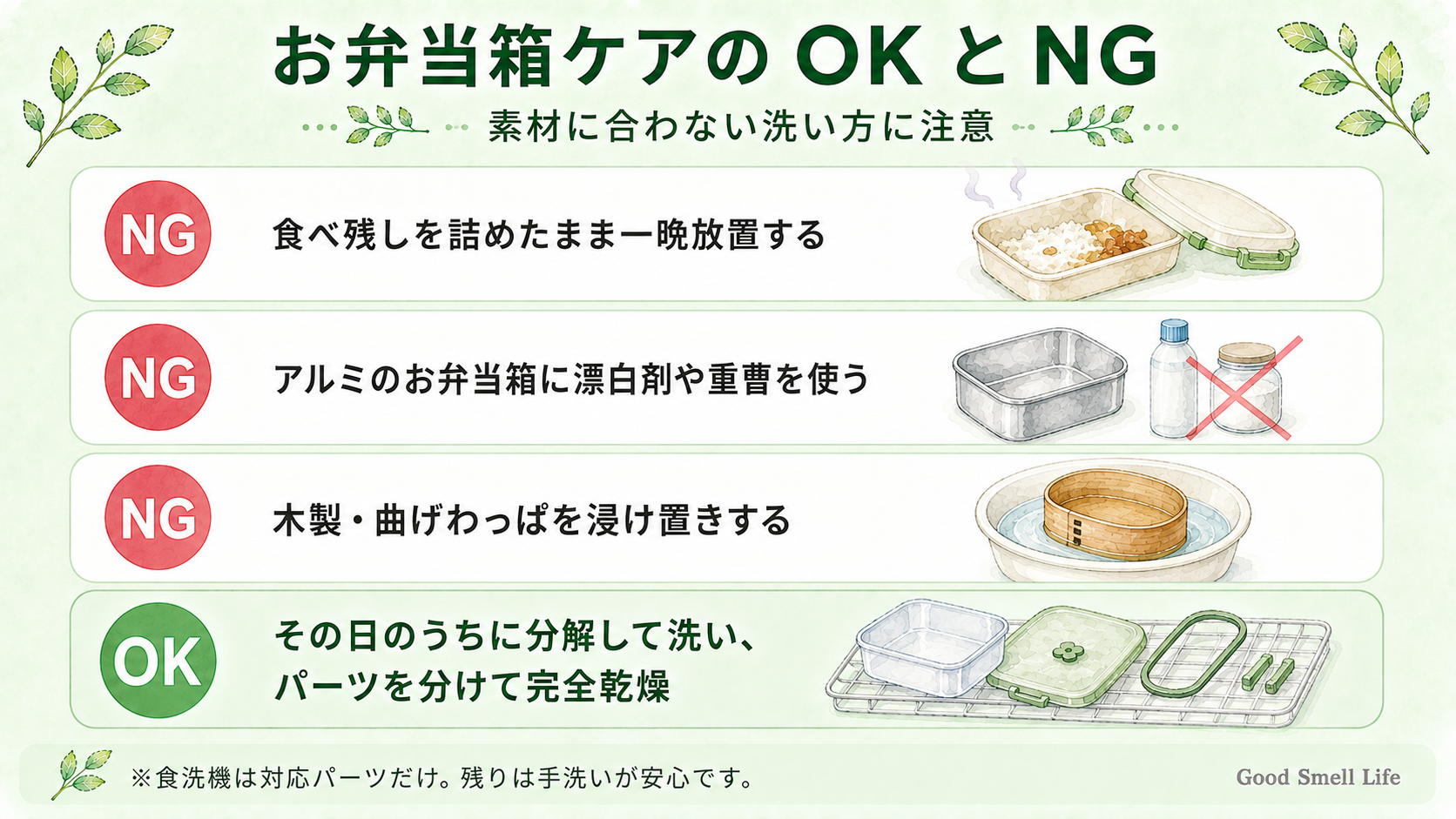 お弁当箱ケアのNG例とOKの方法をまとめた図解