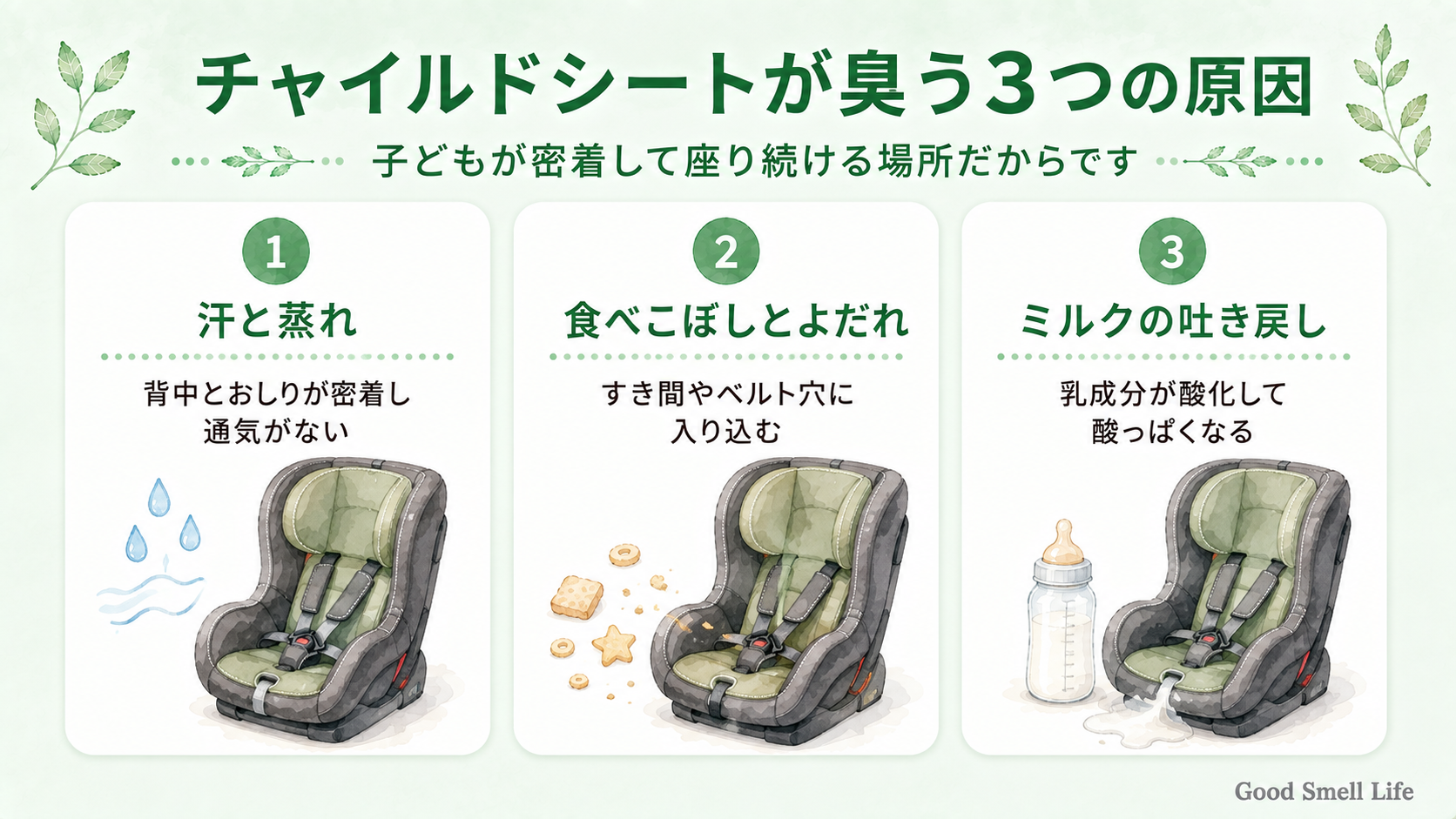 チャイルドシートが臭う3つの原因を示した図解