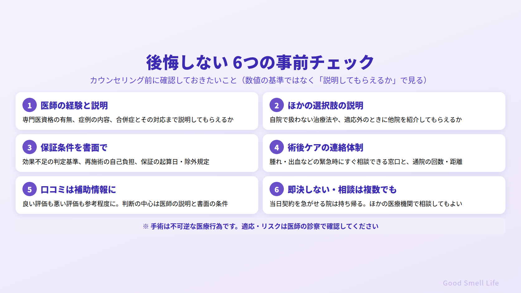 ワキガ手術で後悔しないための6つの事前チェック|医師の説明・他の選択肢・保証書面・術後連絡・口コミは補助・即決しない