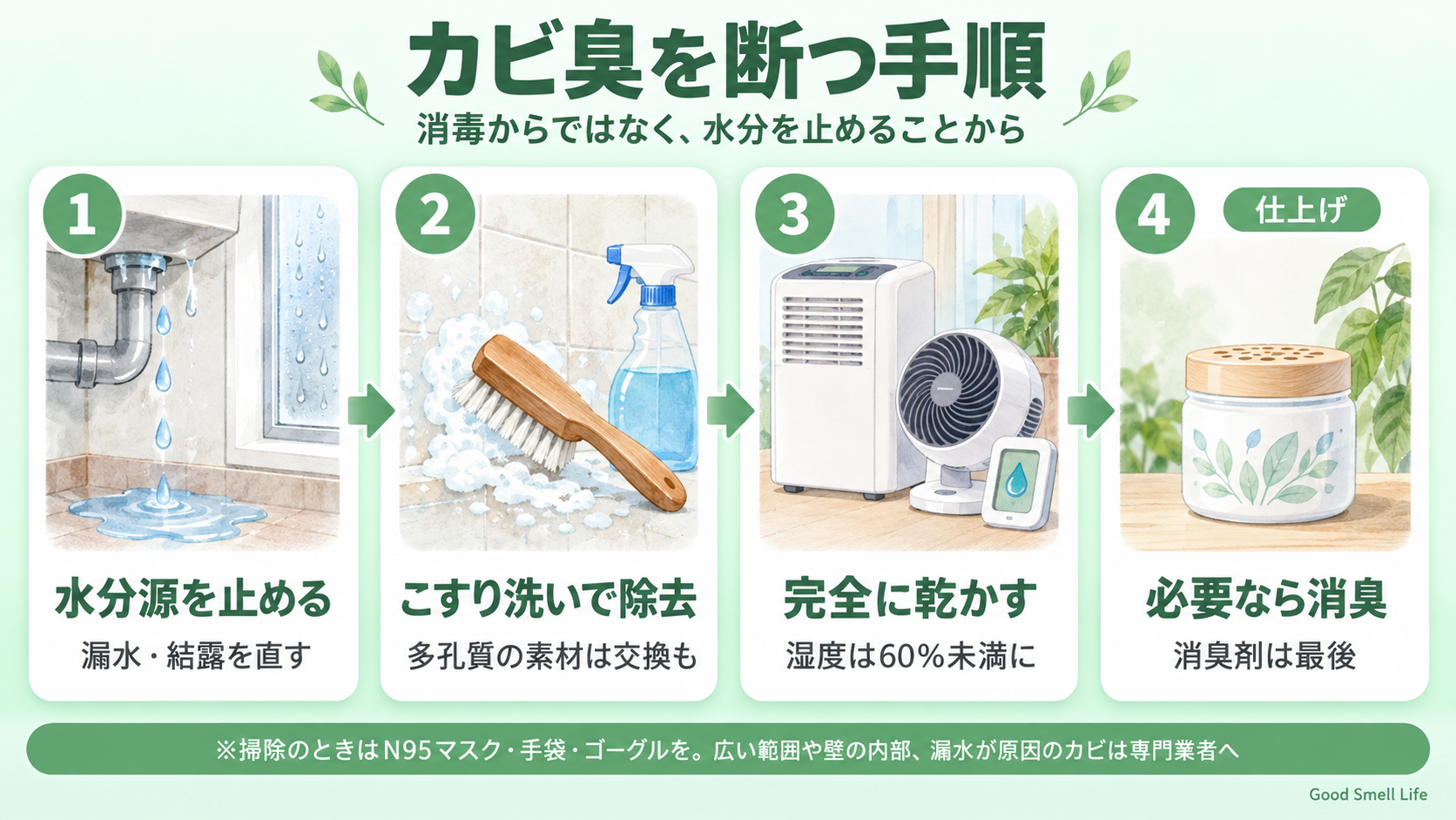 カビ臭を断つ手順|水分源を止める・物理的に除去・完全乾燥と湿度管理・必要なら消臭