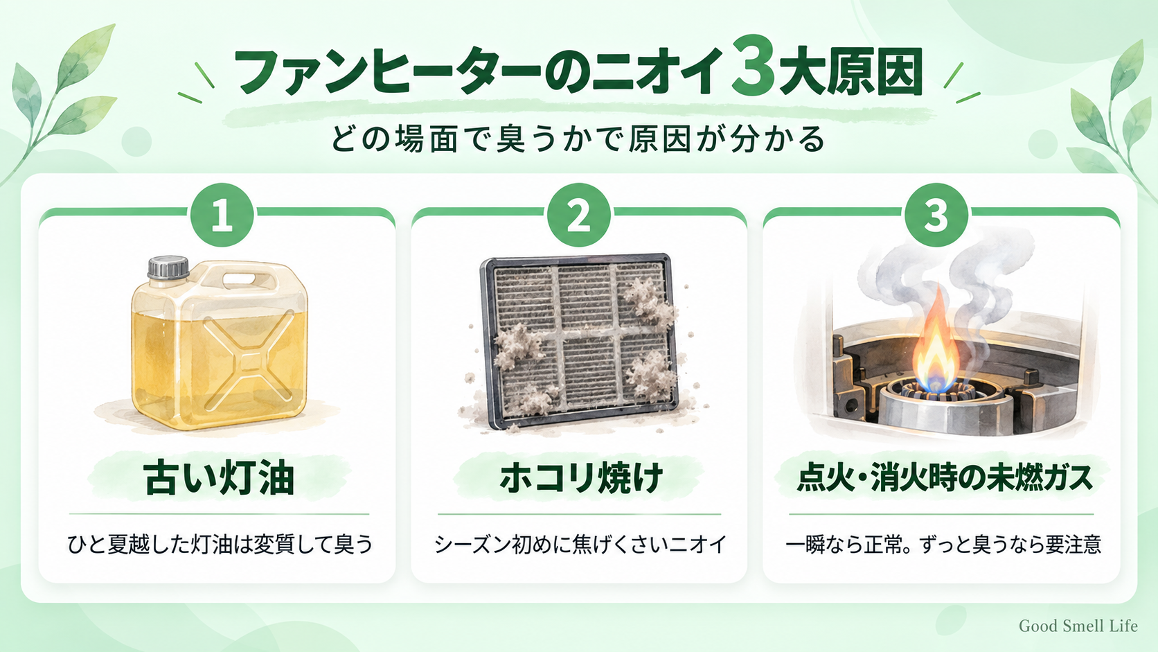石油ファンヒーターの臭いの主な原因3つ(古い灯油・ホコリ・点火消火時の未燃ガス)を示した図解