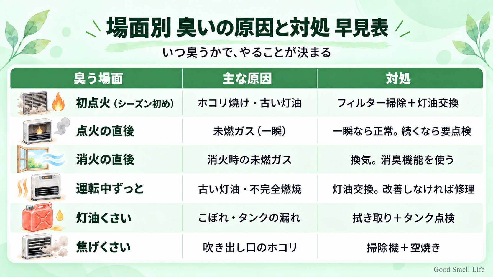 石油ファンヒーターの臭う場面別の原因と対処の早見表