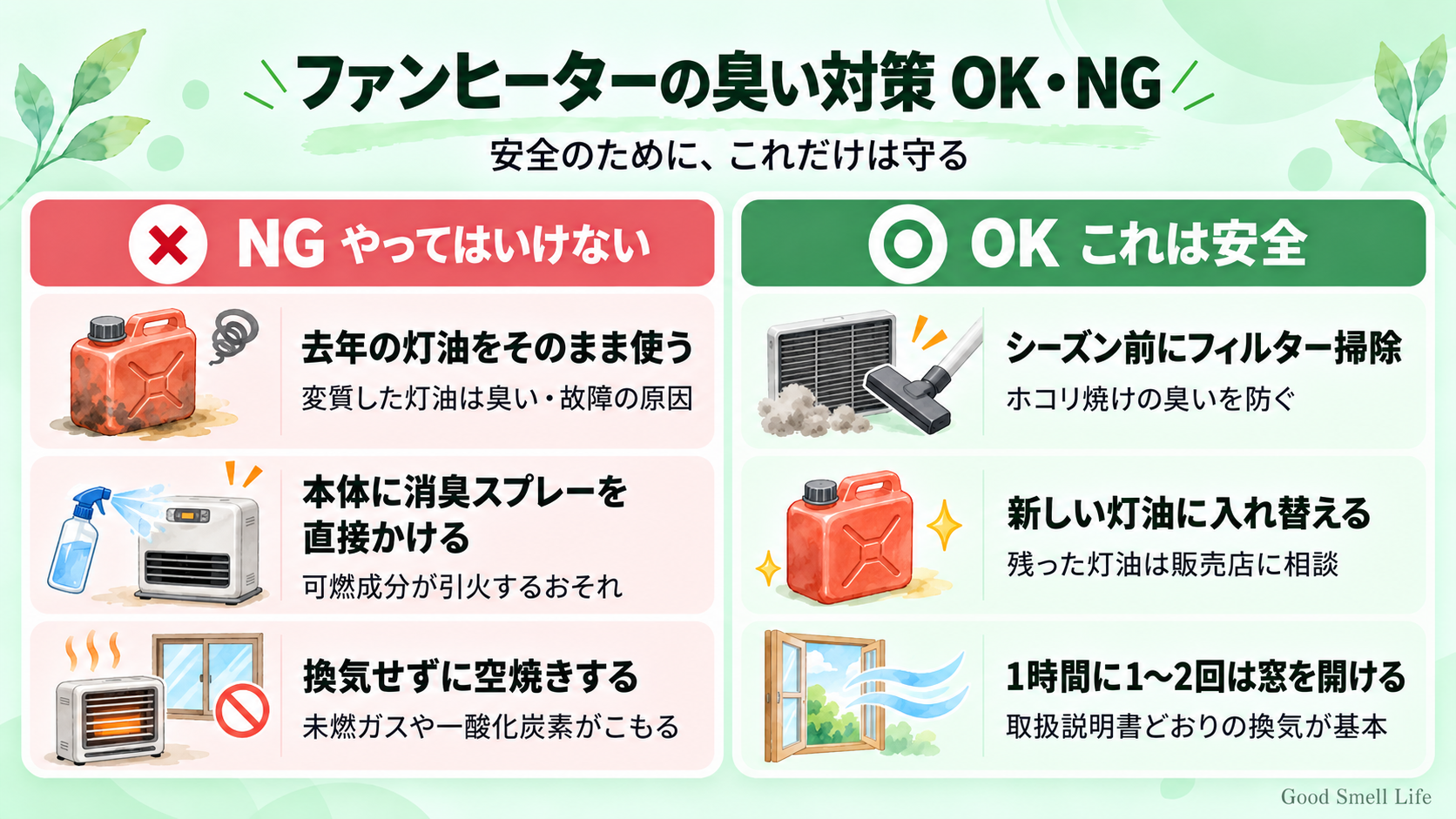 石油ファンヒーターの臭い対策でやってはいけないNGと正しい対処を示した図解