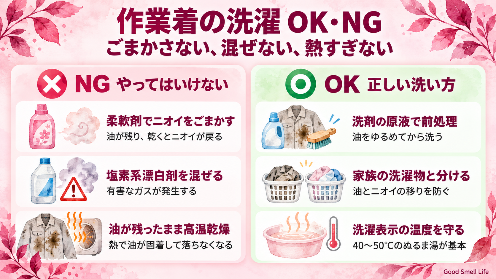 作業着の油汚れの洗濯でやってはいけないNGと正しい対処を示した図解