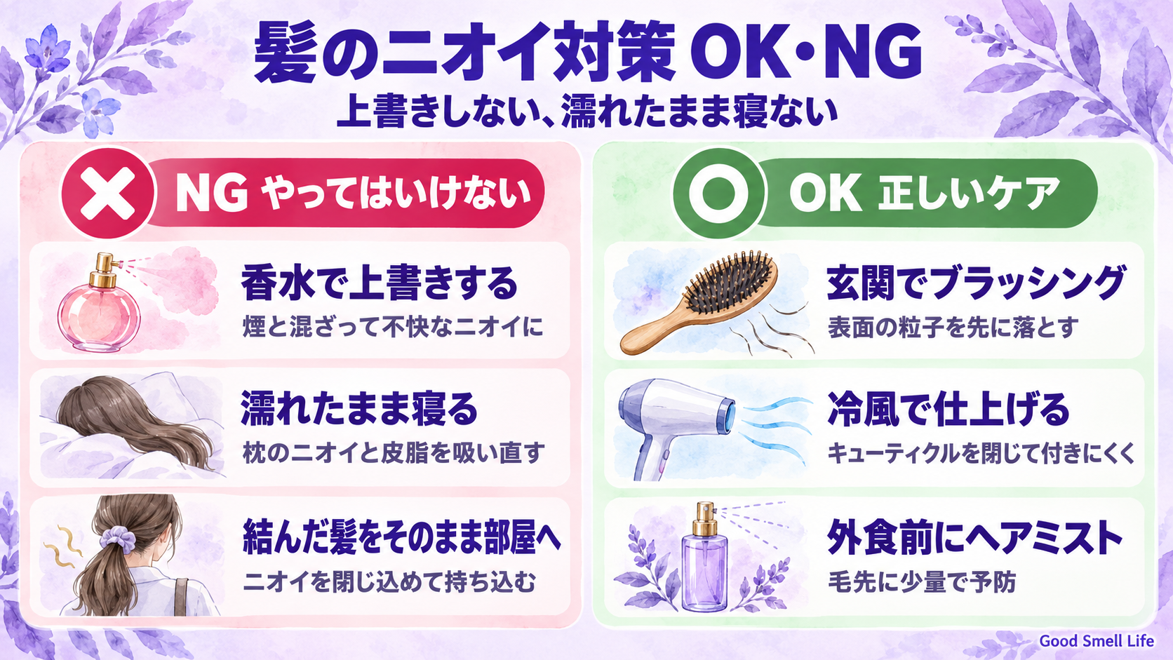 髪についた臭いの対処でやってはいけないNGと正しい対処を示した図解