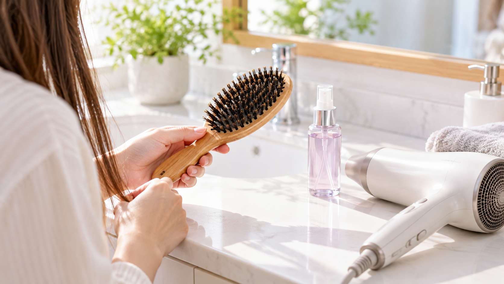 洗面台でヘアブラシとヘアミストを手に取る様子