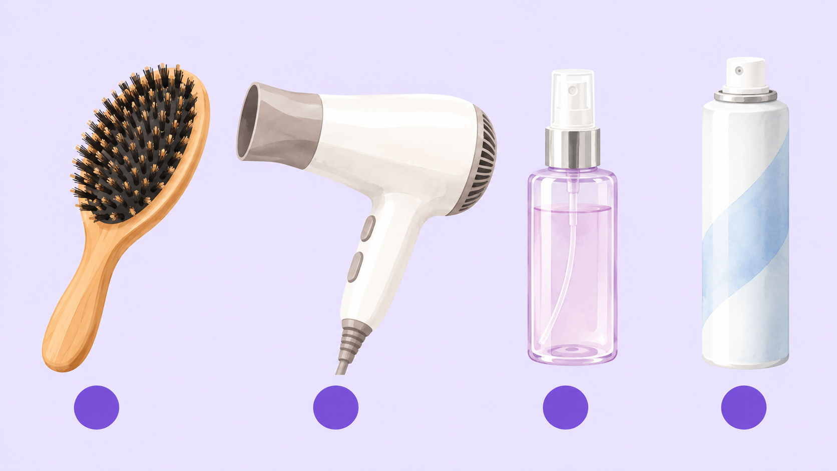 ヘアブラシ・ドライヤー・ヘアミスト・ドライシャンプーを並べたフラットイラスト